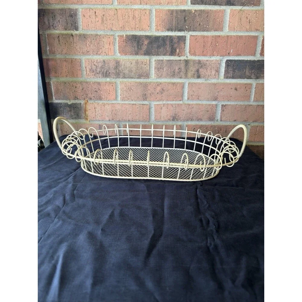 Mid-Century 1960s Style White Wire Basket French Country Scrolled Loop Edged Egg